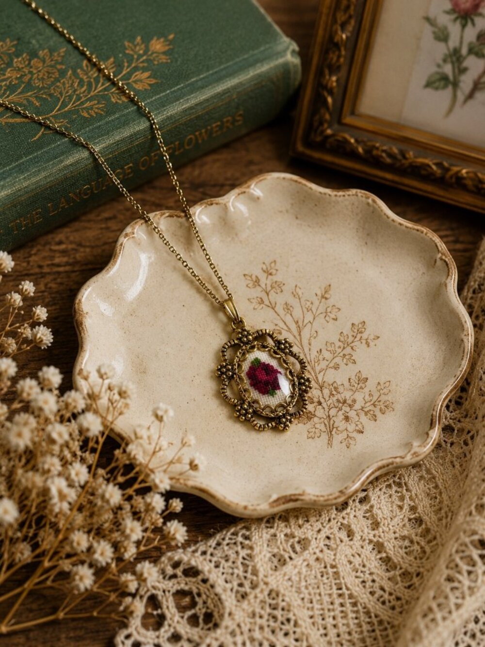 Vintage Petit Point Rose Pendant Necklace Gold Tone Floral Cameo Cottagec